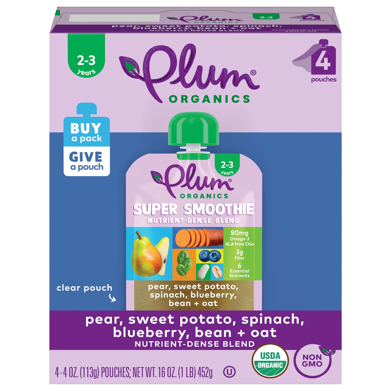 Plum Organics Super Smoothie Pouches Pear Sweet Potato Spinach