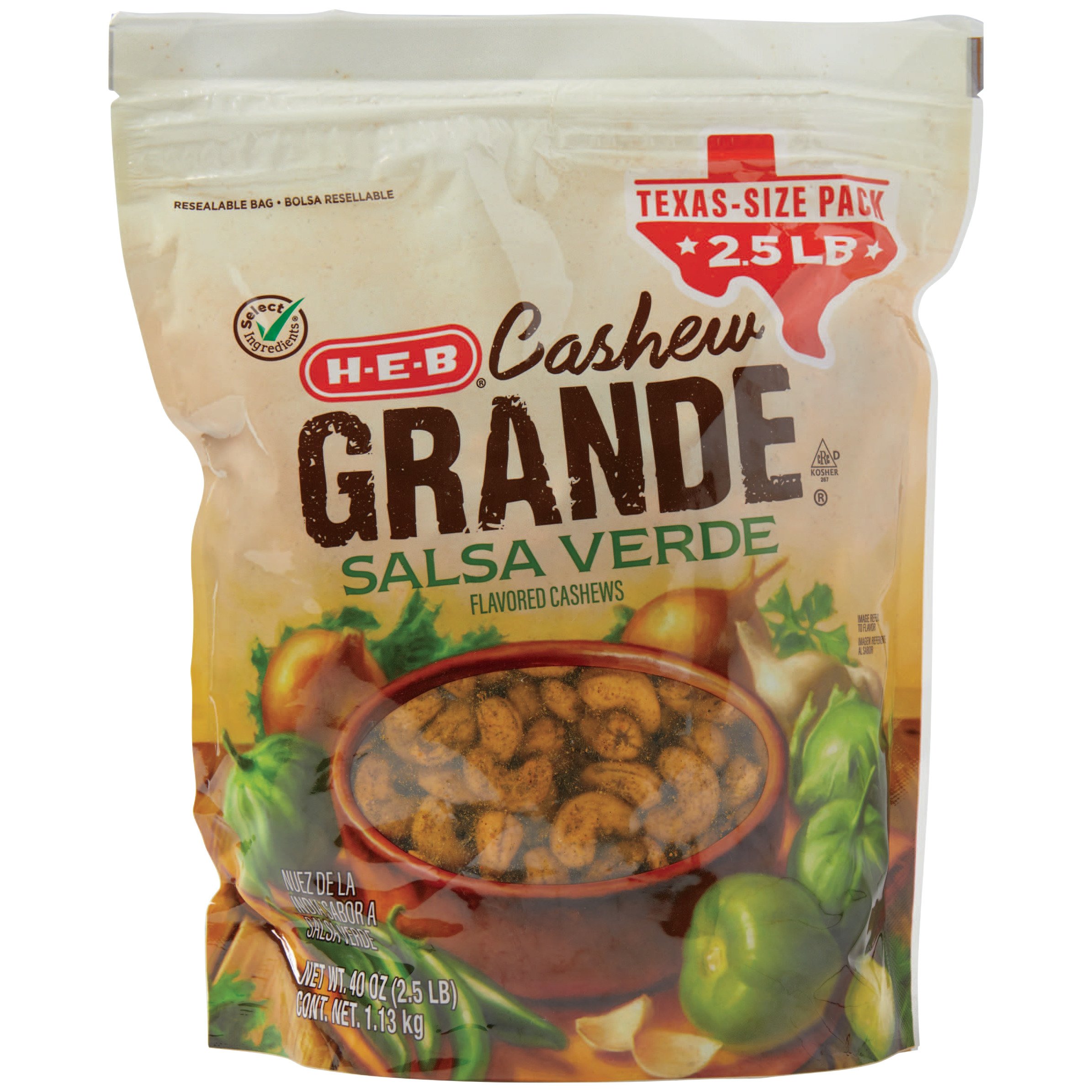 H E B Cashew Grande Roasted Whole Cashews Salsa Verde Texas Size