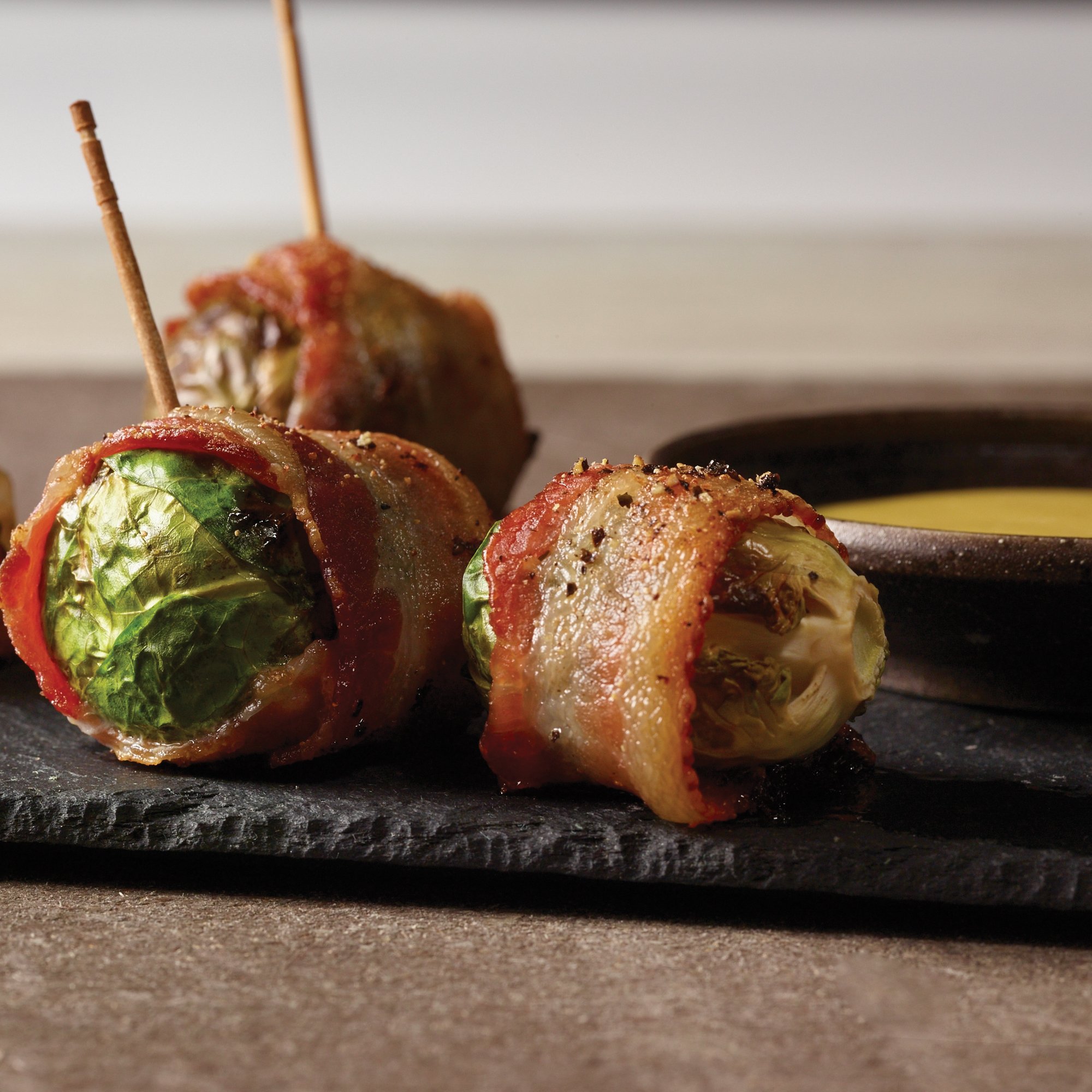 Bacon Wrapped Brussels with Maple Mustard Dip Recipe from HEB