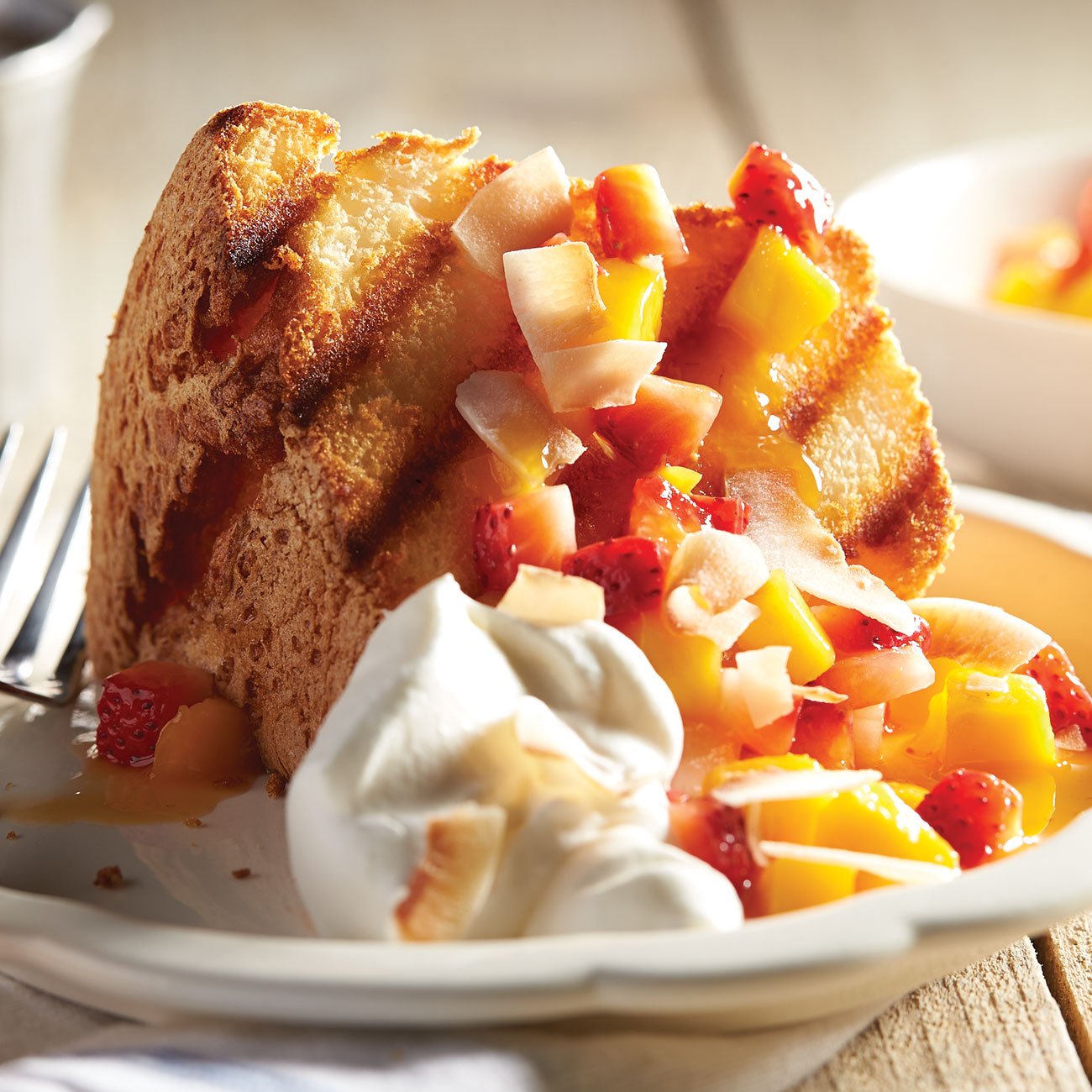 Grilled Angel Food Cake with Macerated Mango and Strawberry Recipe from