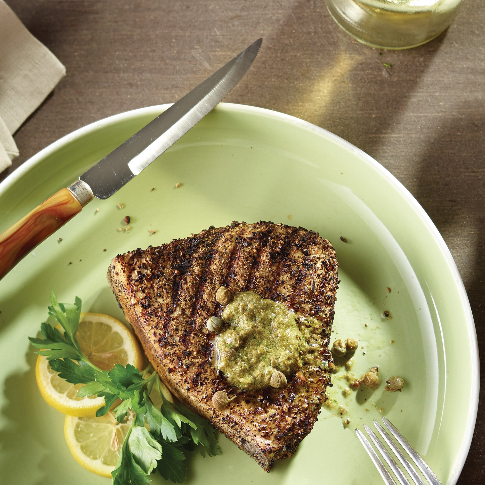 Grilled Fennel Rubbed Swordfish with Caper Butter Recipe from HEB