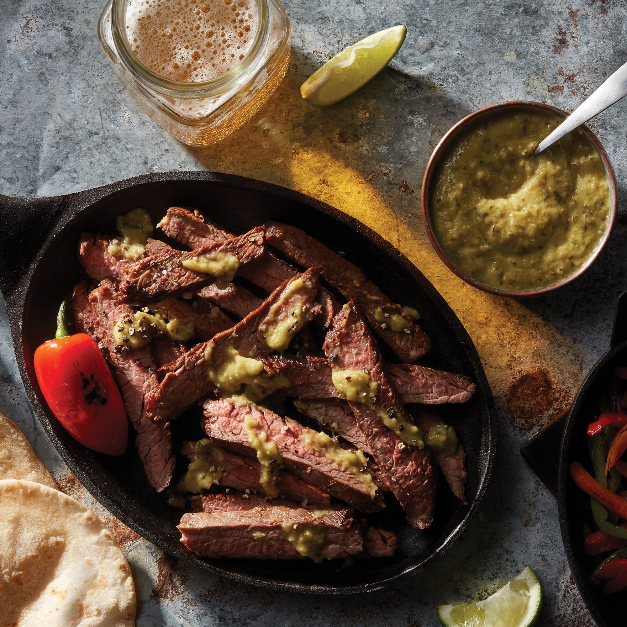 Grilled Flank Steak with Roasted Tomatillo & Avocado Salsa Recipe from