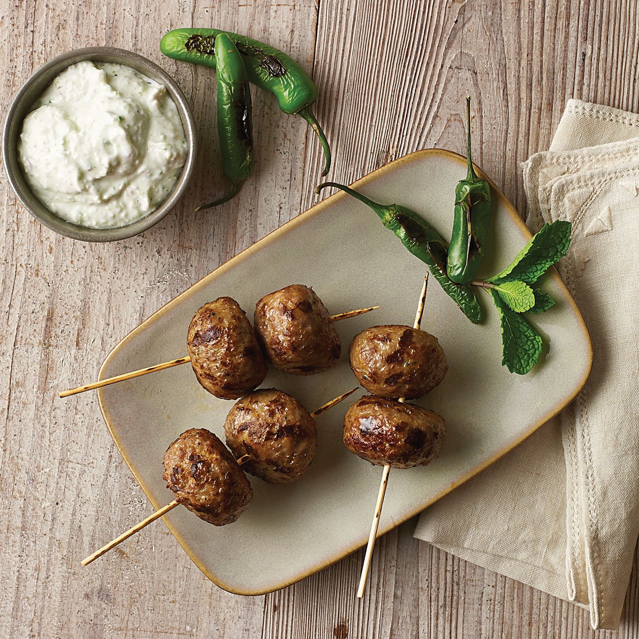 Grilled Meatball Kebabs with Serrano Tzatziki Recipe from HEB