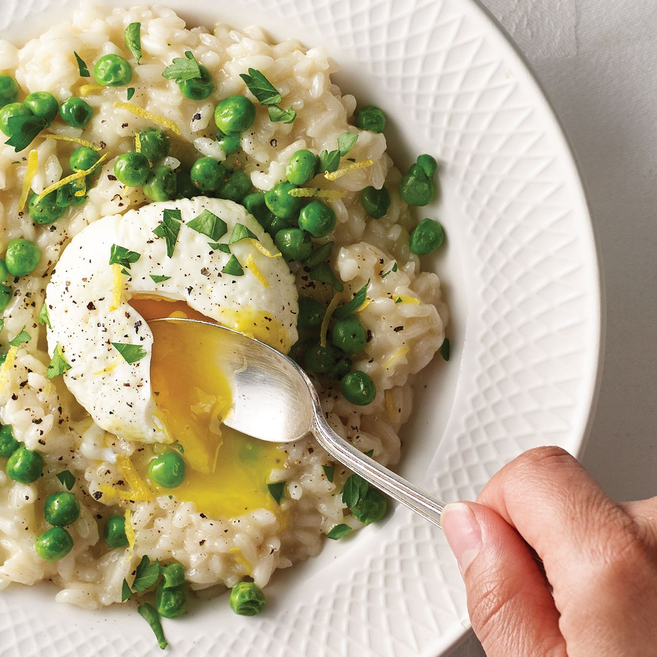 Lemon and Sweet Pea Risotto with Poached Eggs Recipe from HEB