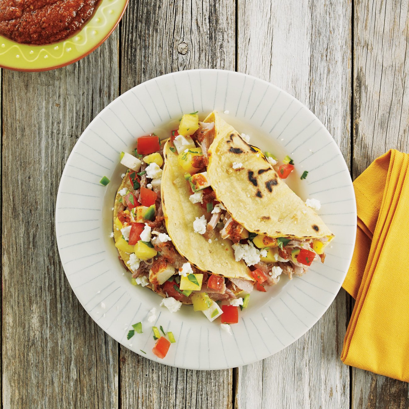 Lopez Habanero Pulled Pork Tacos with Pineapple Jicama Pico Recipe from