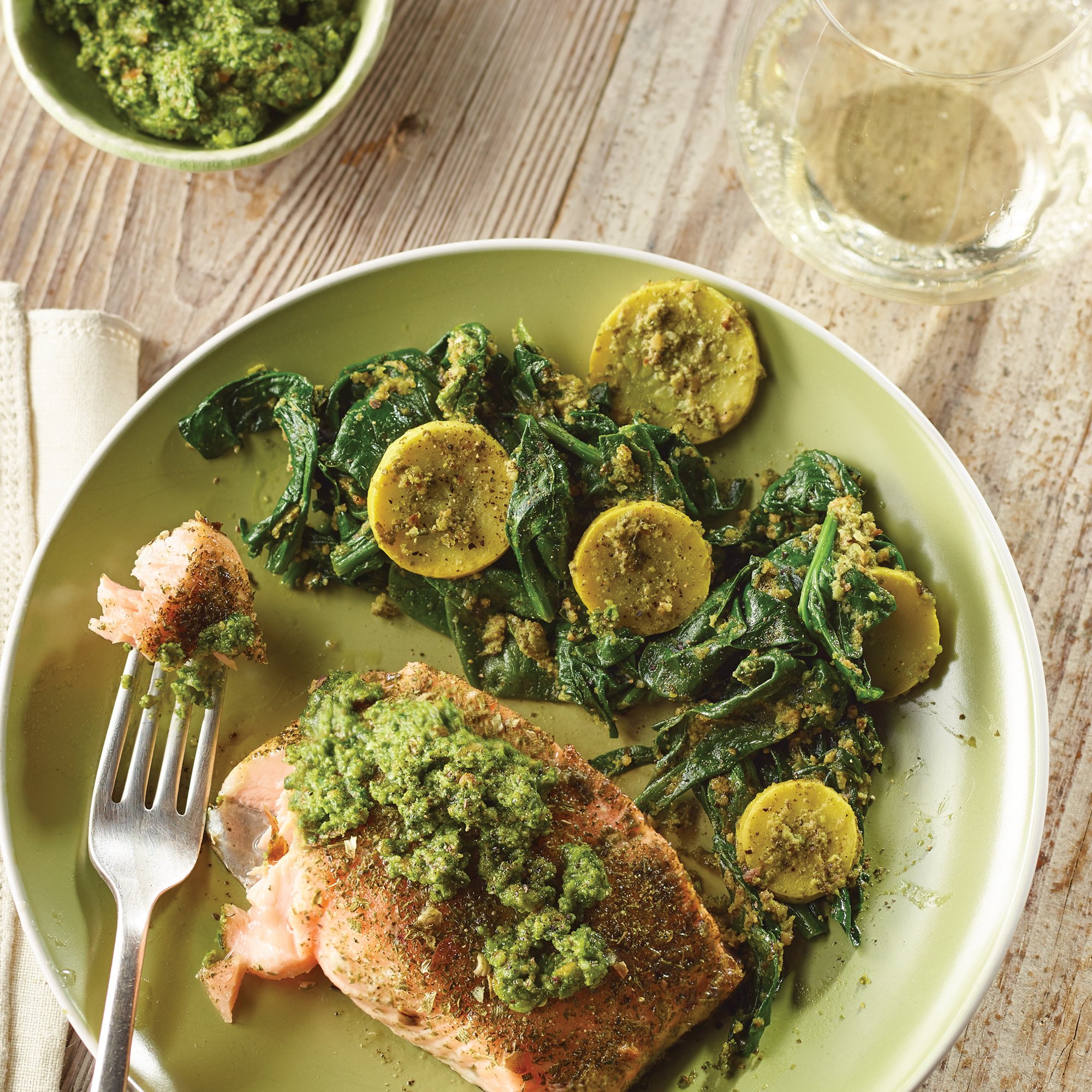 Pesto Salmon with Wilted Spinach and Squash Recipe from HEB
