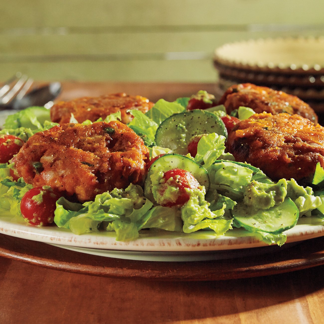 Salmon Burgers with Romaine and Lime Avocado Salad Recipe from HEB