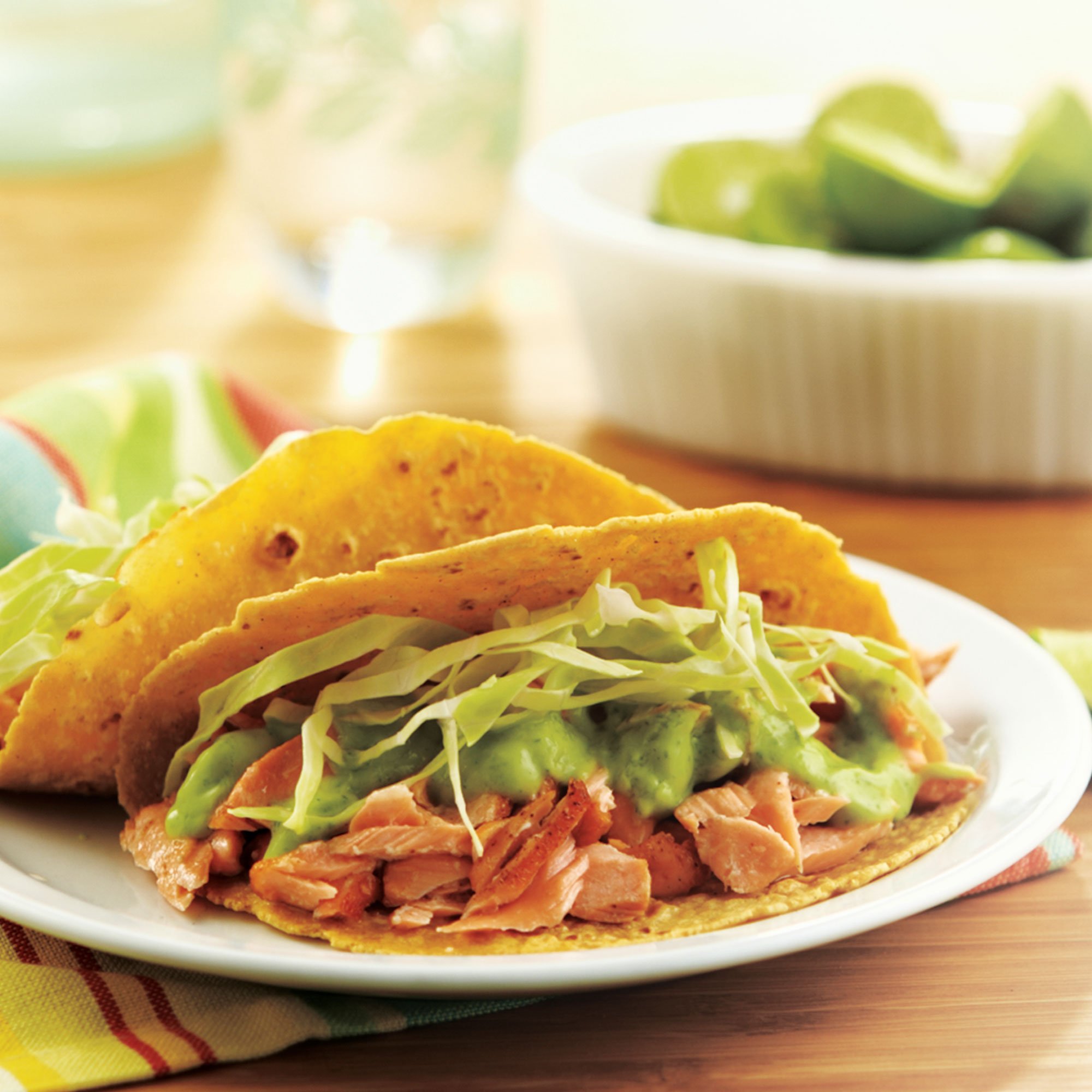Salmon Tacos with Avocado Cilantro Jalapeño Sauce Recipe from HEB