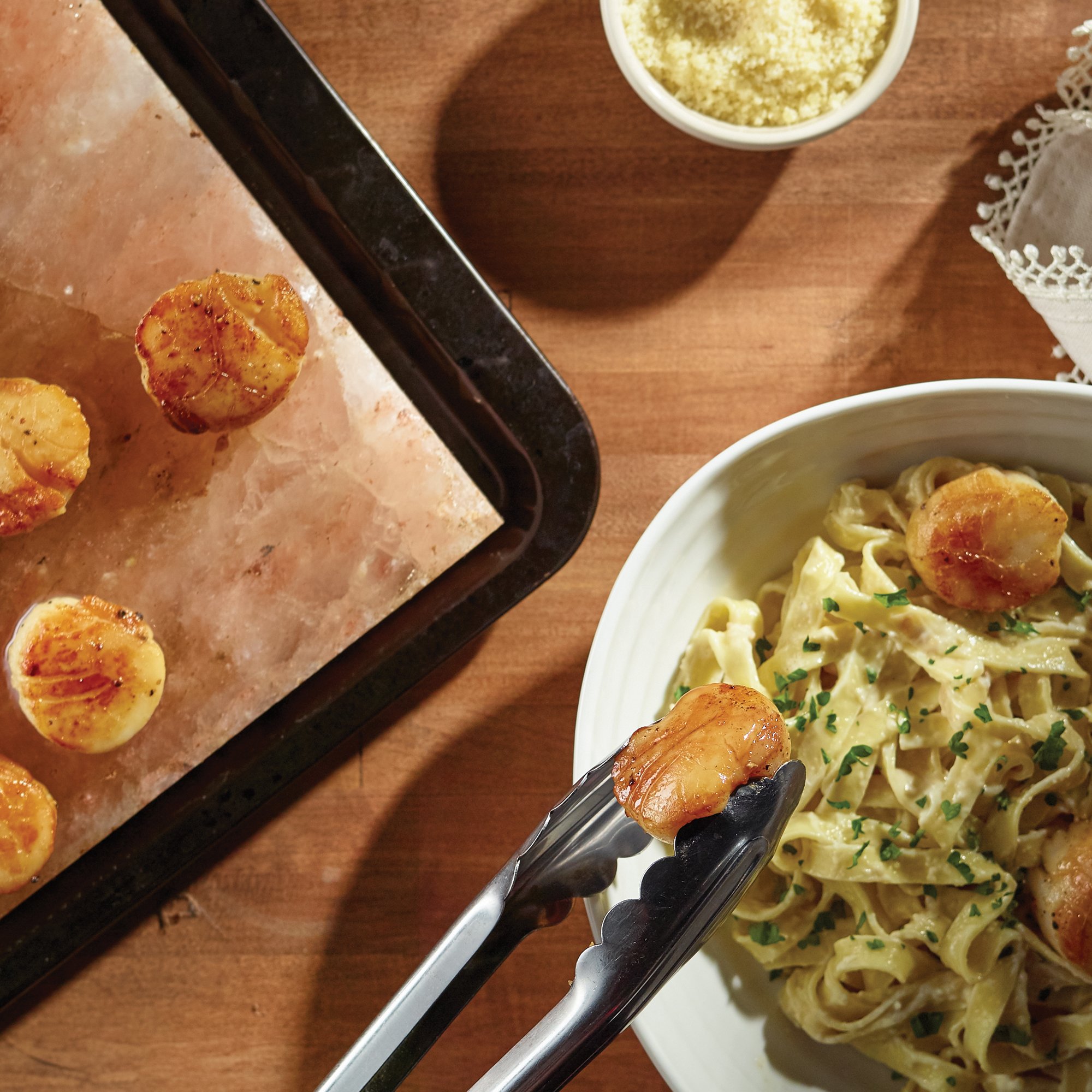 Salt Block Seared Scallops with Alfredo Recipe from HEB