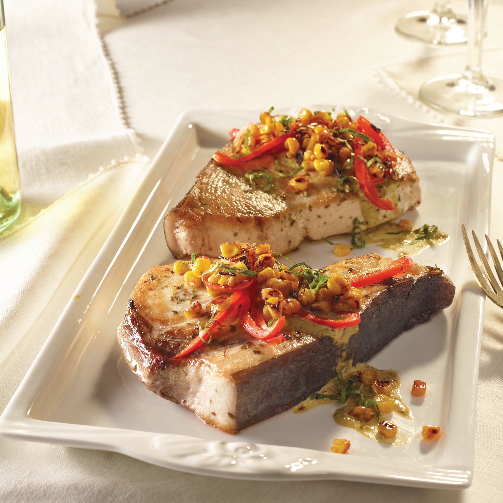 Seared Swordfish with Warm Basil Corn Salsa Recipe from HEB
