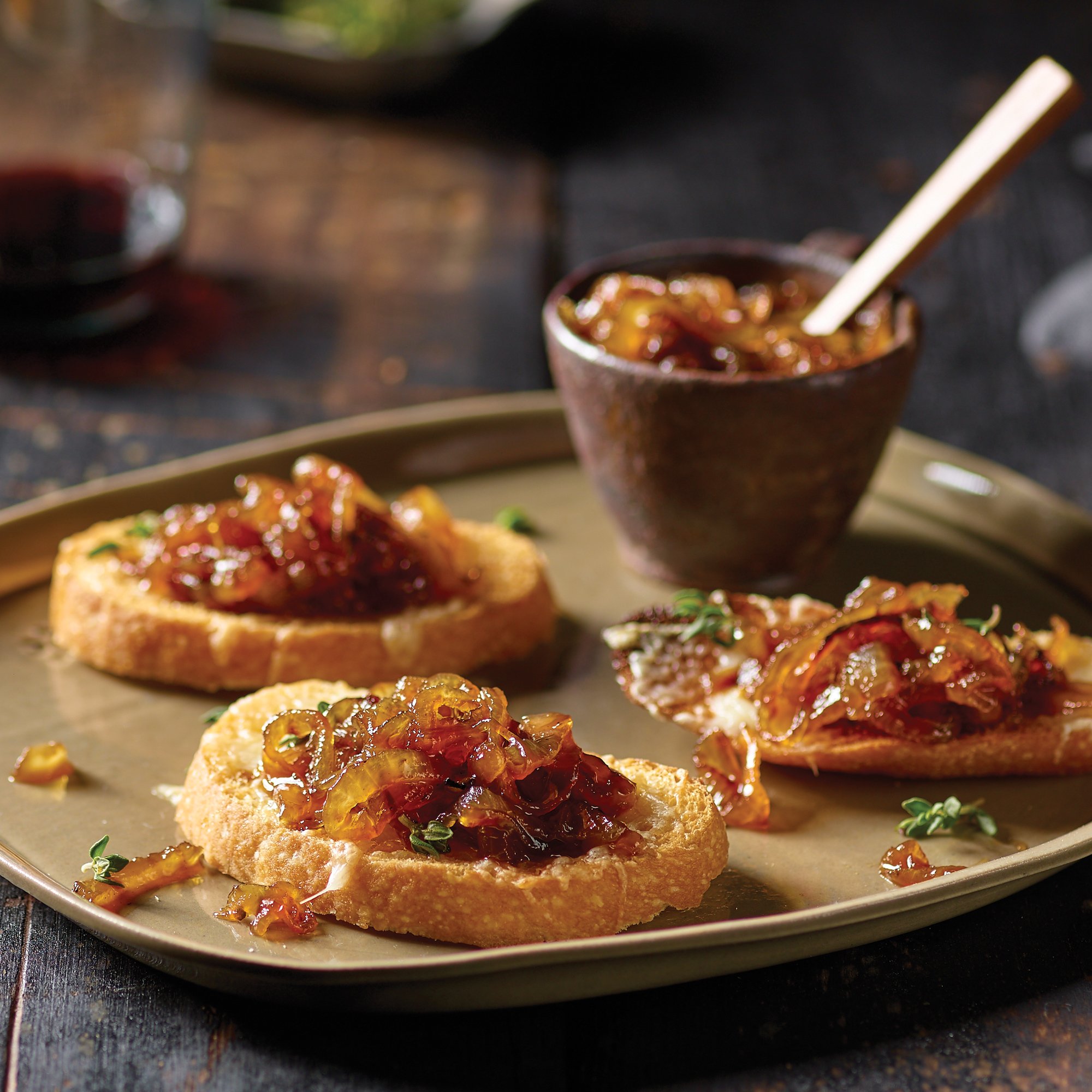 Sweet Tea Onion Jam on Crostini with Gruyere Recipe from HEB