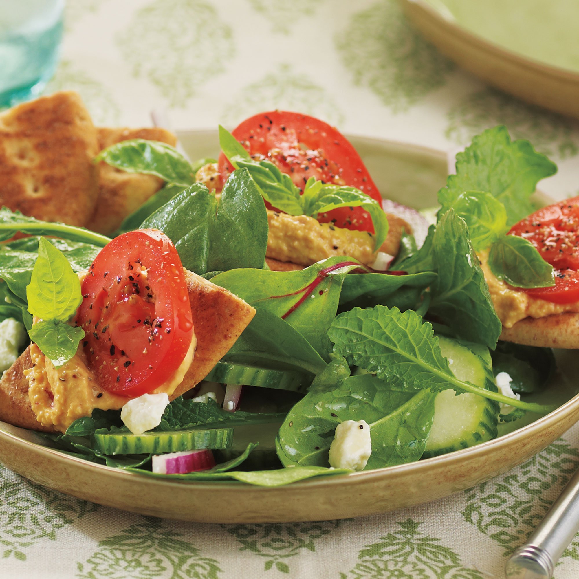 Tomato Hummus Toasts with Mixed Greens Recipe from HEB