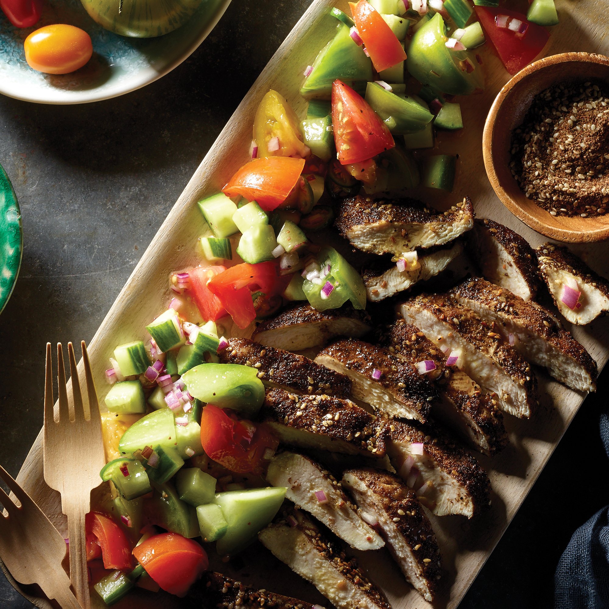 Za'atar Crusted Chicken with Spiced Cucumber and Tomato Salad Recipe from HEB