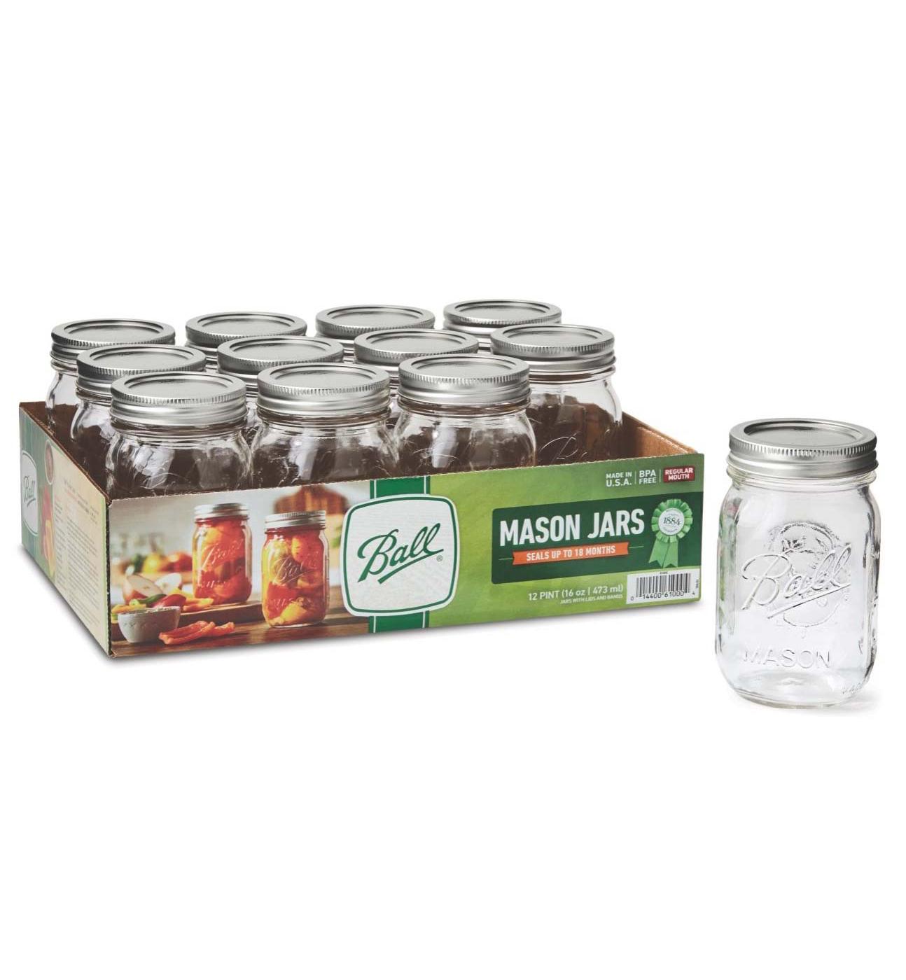 Ball Wide Mouth Pint Mason Jars, 16 oz, Set of 12