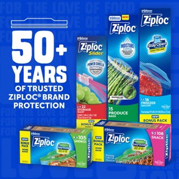 Ziploc Quart Freezer Storage Bags, Stay Open Design, 38 ct