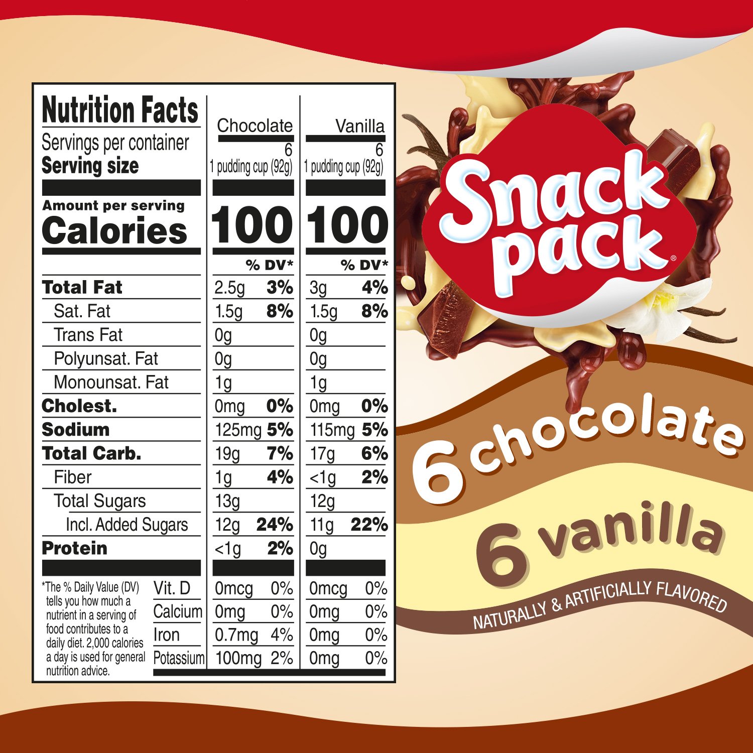 Snack Pack Chocolate Vanilla Pudding Cups, Super Size, 6 Pack