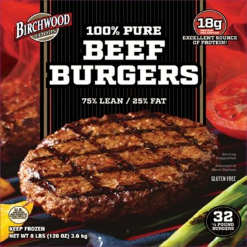 Birchwood Frozen 100% Ground Beef Patties, 32 ct