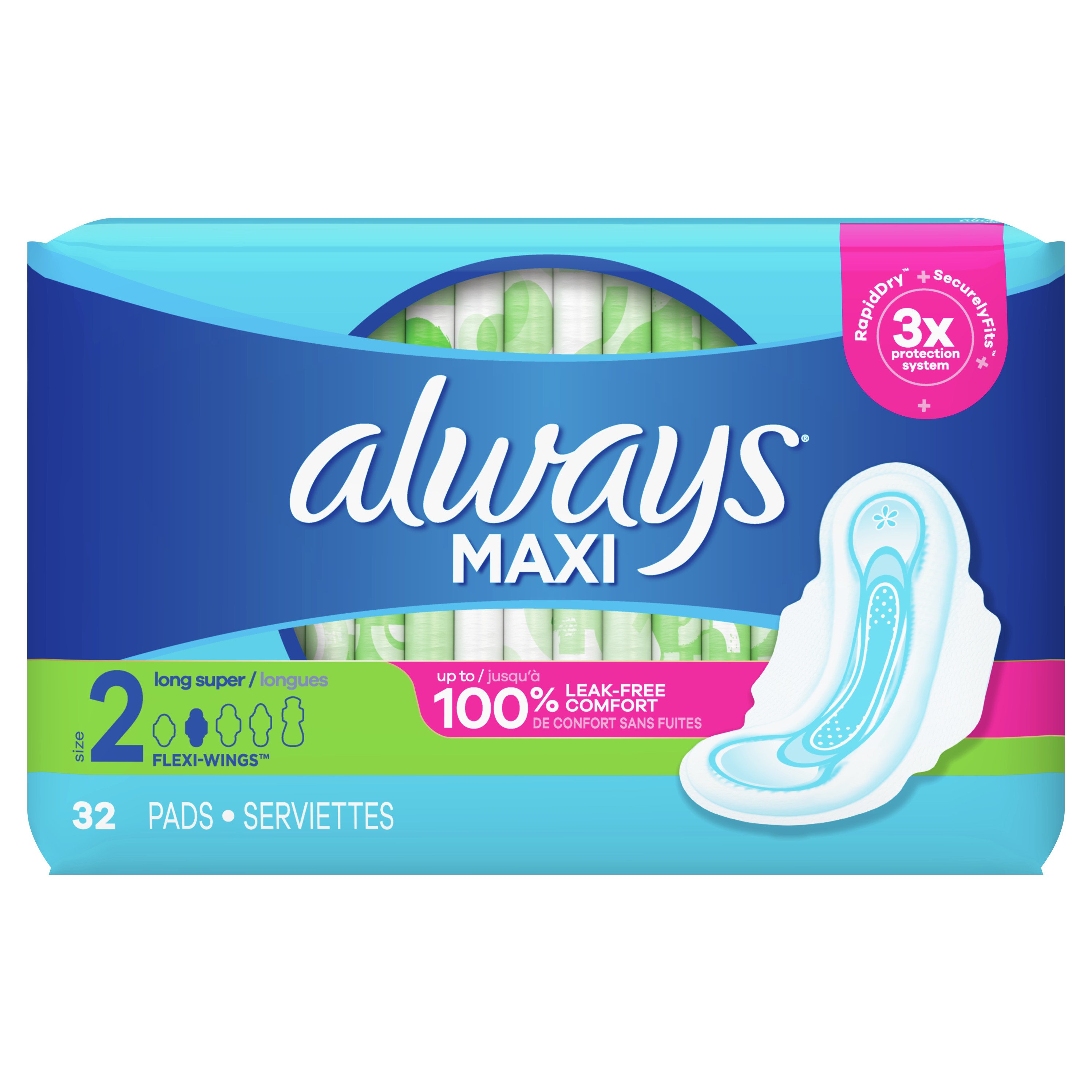 Always Maxi Size 2 Long Super Pads with Wings Unscented - Shop Pads ...