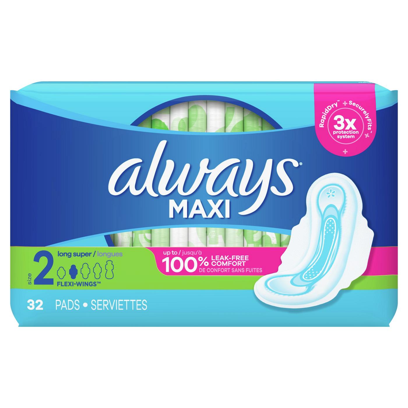 Always Maxi Pads Long Super Absorbency Unscented with Wings Size 2; image 1 of 2
