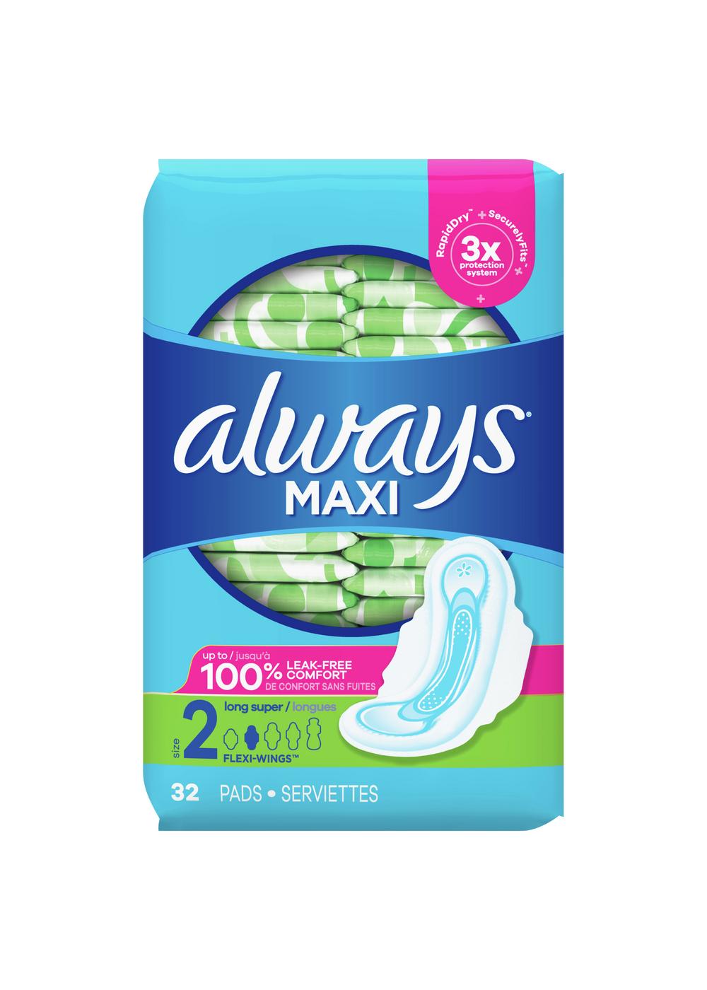 Always Maxi Pads Long Super Absorbency Unscented with Wings Size 2; image 2 of 2