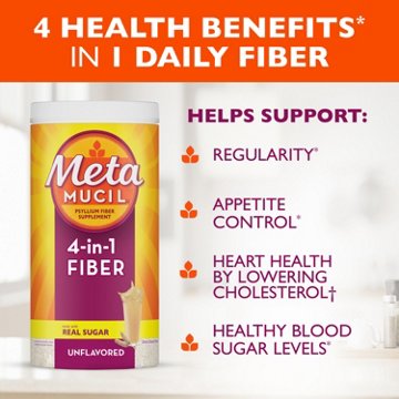 Metamucil Psyllium Husk Powder, 4-in-1 Daily Fiber Supplement with Real Sugar, Original Coarse Texture, Unflavored