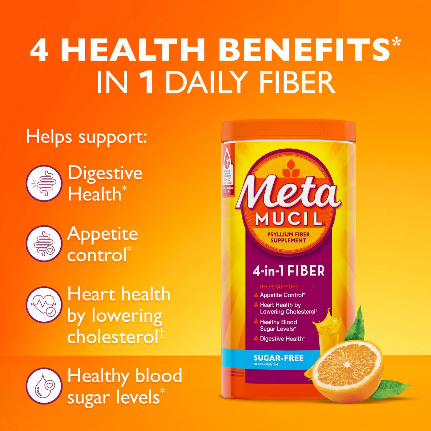 Metamucil 4-in-1 Psyllium Husk Fiber Supplement, Sugar-Free, Daily Fiber Powder for Digestive Health, Orange Flavor; image 7 of 8