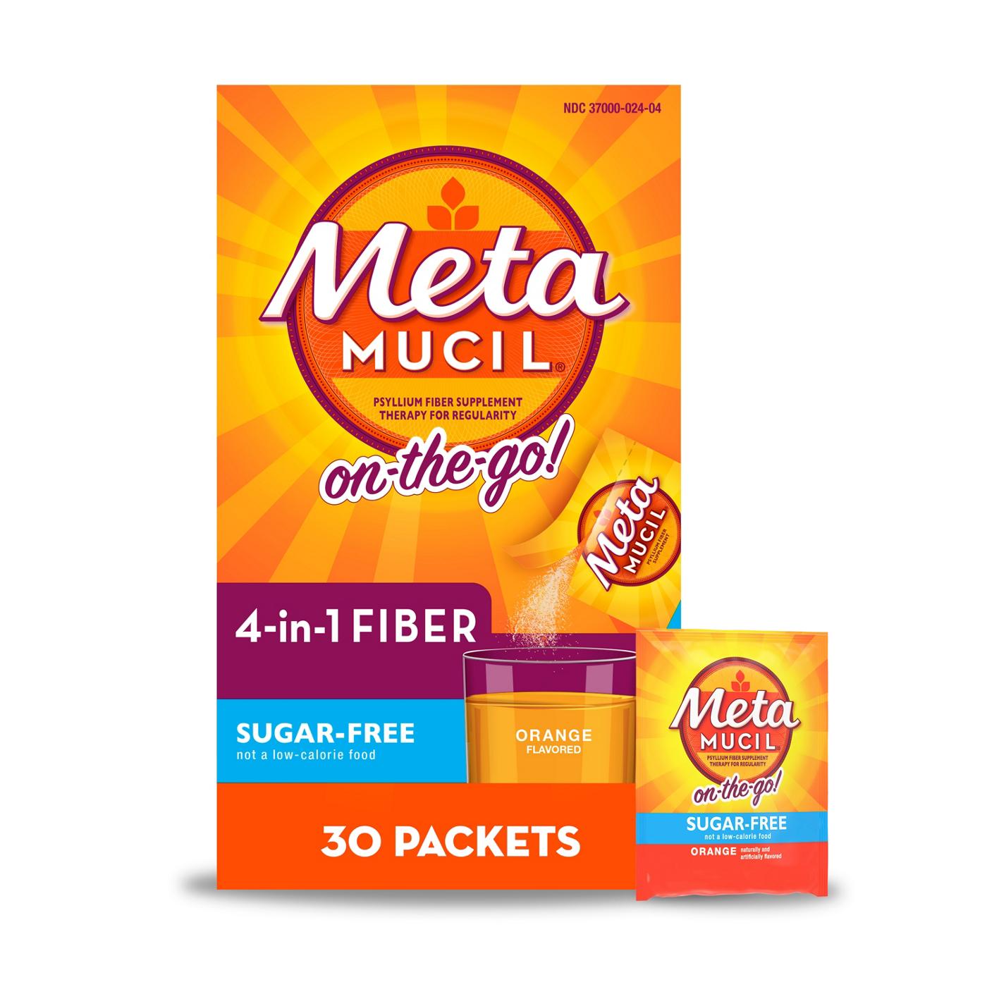 Metamucil On-the-Go Fiber Packets for Digestive Health & Regularity, Sugar-Free, 4-in-1 Psyllium Husk Fiber Supplement, Orange Flavor; image 1 of 9