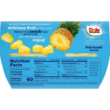 Dole Fruit Bowls - Pineapple Tidbits in 100% Pineapple Juice, 4 ct