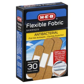 H-E-B Flexible Fabric Antibacterial Bandages – Assorted Sizes, 30 ct