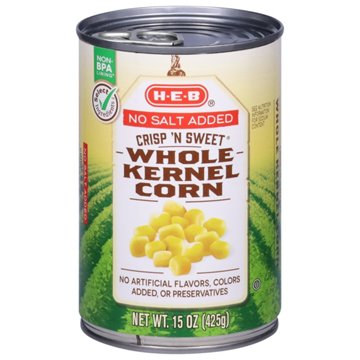 H-E-B No Salt Added Crisp N' Sweet Whole Kernel Corn, 15 oz
