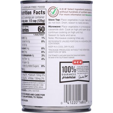 H-E-B No Salt Added Crisp 'N Sweet Whole Kernel Corn, 15 oz