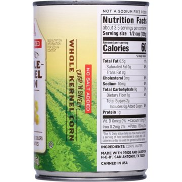 H-E-B No Salt Added Crisp 'N Sweet Whole Kernel Corn, 15 oz