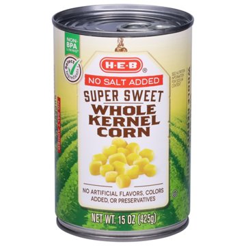 H-E-B No Salt Added Super Sweet Whole Kernel Corn, 15 oz
