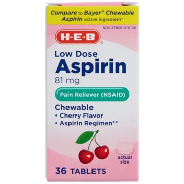 H-E-B Low Dose Aspirin Cherry Chewable Tablets, 36 ct