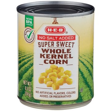 H-E-B No Salt Added Super Sweet Whole Kernel Corn, 8.5 oz