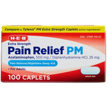 H-E-B Pain Relief PM Acetaminophen Caplets - 500 mg, 100 ct