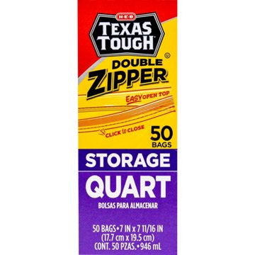 H-E-B Texas Tough Double Zipper Quart Storage Bags, 50 ct