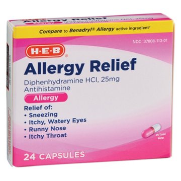 H-E-B Allergy Relief Diphenhydramine Antihistamine Capsules – 25 mg, 24 ct