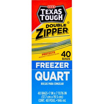 H-E-B Texas Tough Double Zipper Quart Freezer Bags, 40 ct