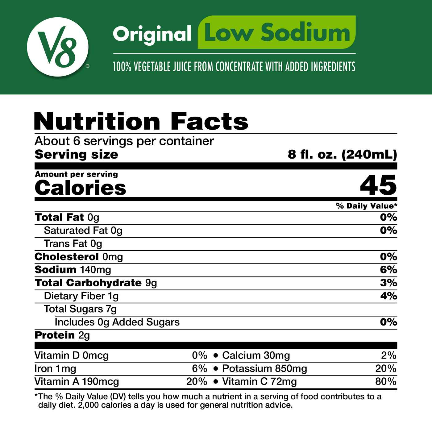 V8 Low Sodium Original 100% Vegetable Juice; image 5 of 7