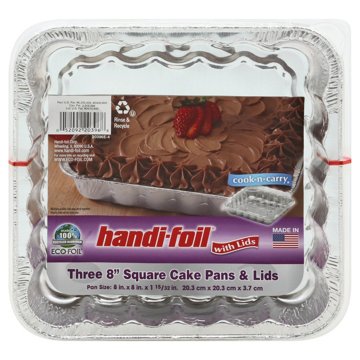 Handi-Foil Foil Square Cake Pans & Lids, 3 pk, 8" x 8"