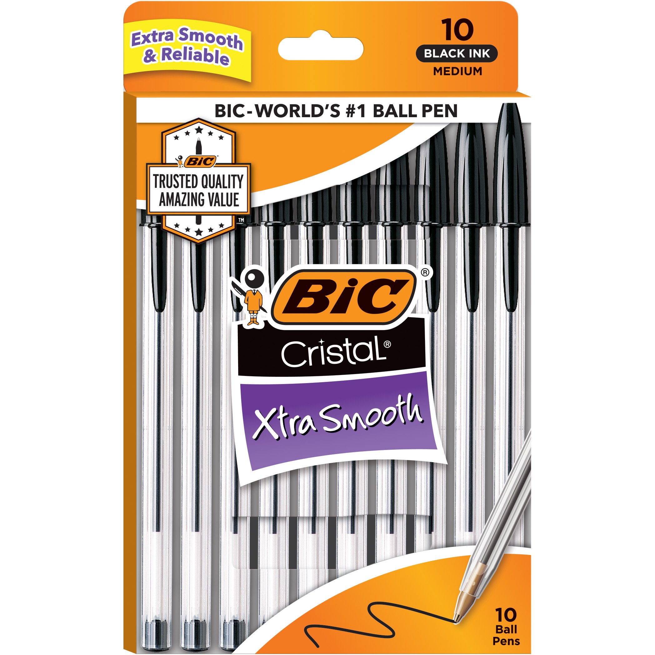 10 Packs of Black Bic Cristal Xtra Smooth Medium Pens 
