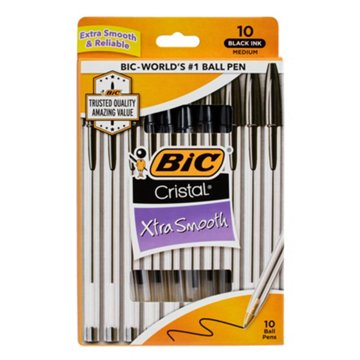 BIC Cristal Xtra Smooth 1.0mm Ball Pens - Black Ink, 10 pk