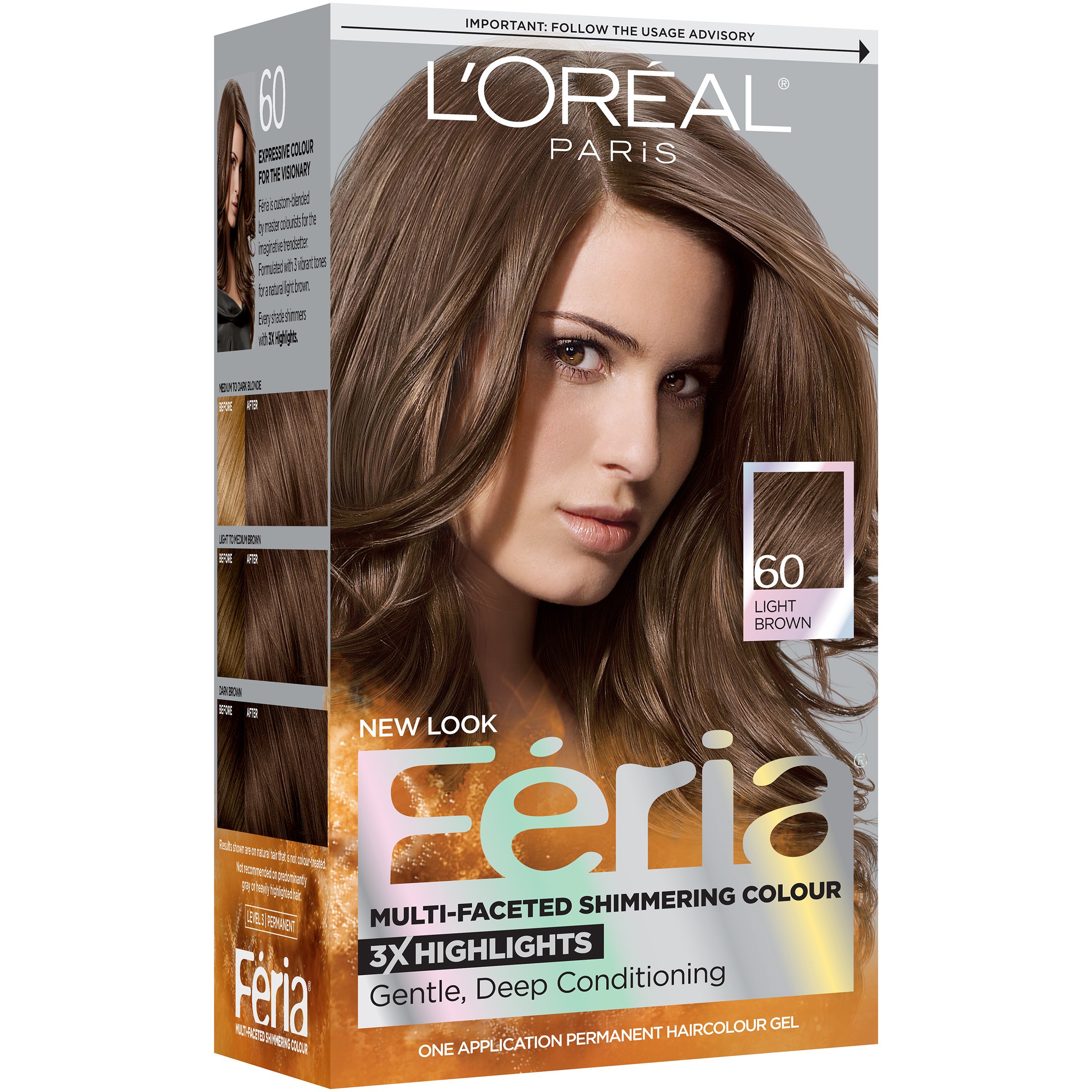 L'Oreal Paris Feria Permanent Hair Color, 60 Crystal Brown (Light Brown