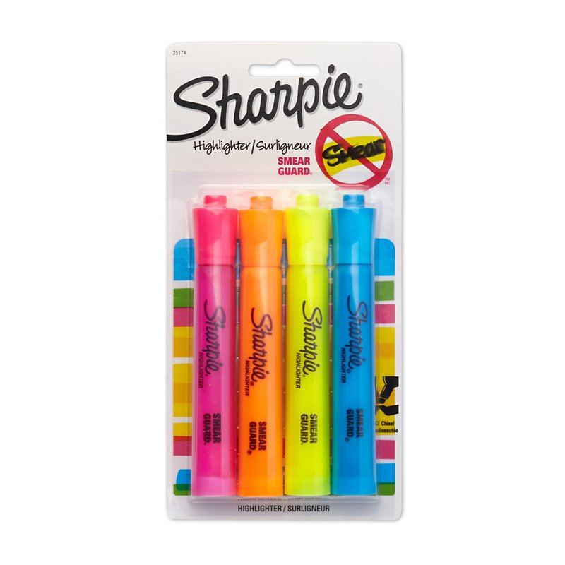 Sharpie Narrow Chisel Tip Assorted Fluorescent Highlighters Smear Guard 4 Pack 