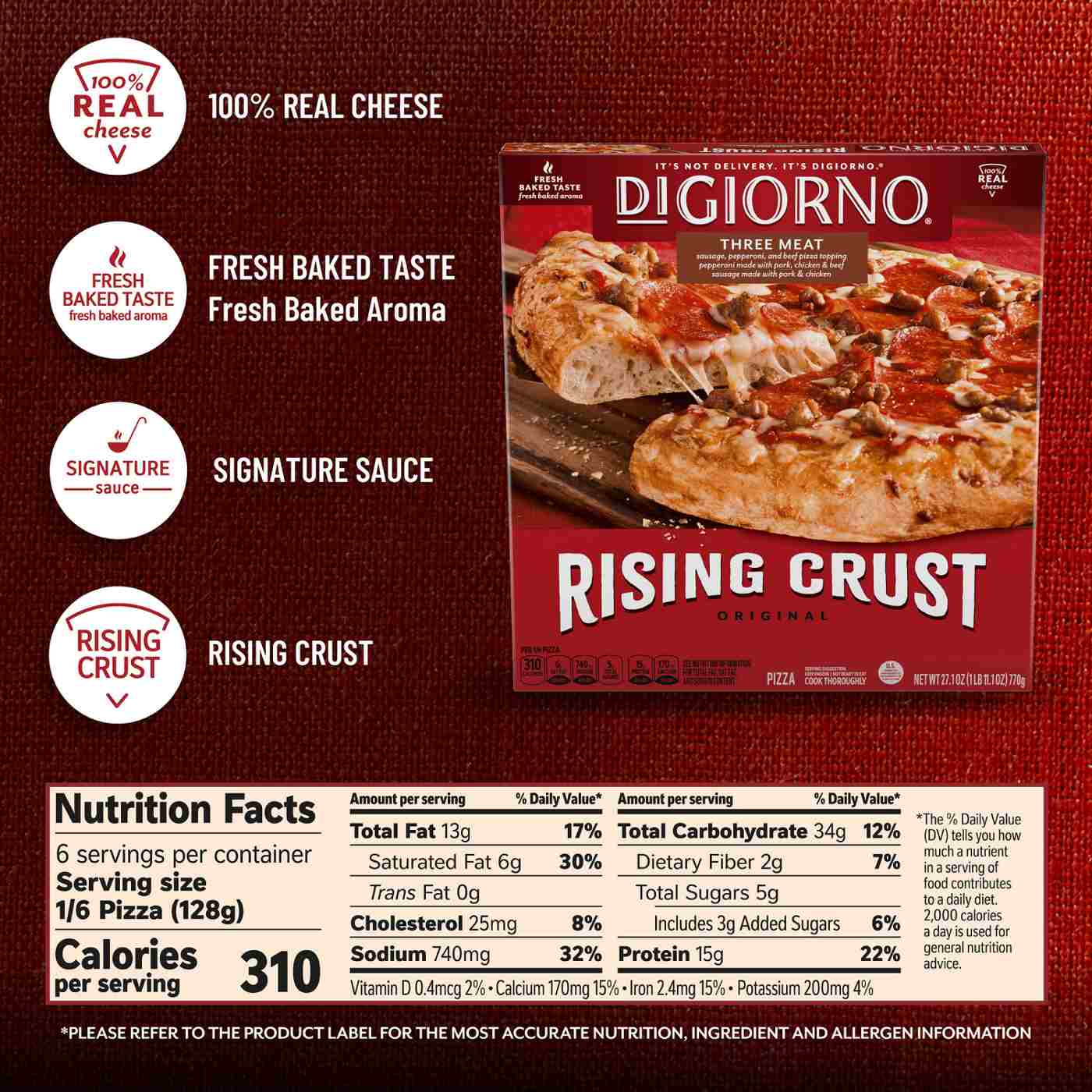 DiGiorno Rising Crust Three Meat Frozen Pizza; image 6 of 8