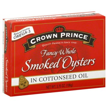 Crown Prince Fancy Whole Smoked Oysters in Cottonseed Oil, 3.75 oz