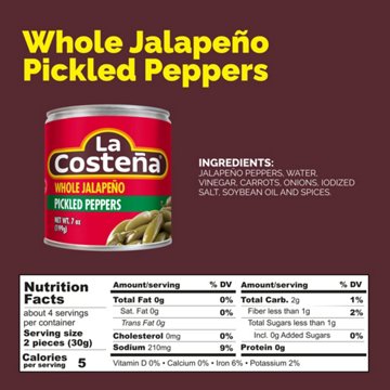 La Costena Whole Pickled Jalapeño Peppers, 7 oz