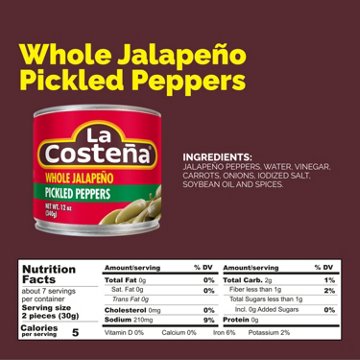 La Costena Whole Pickled Jalapeño Peppers, 12 oz