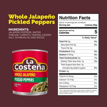 La Costena Whole Pickled Jalapeño Peppers, 26 oz